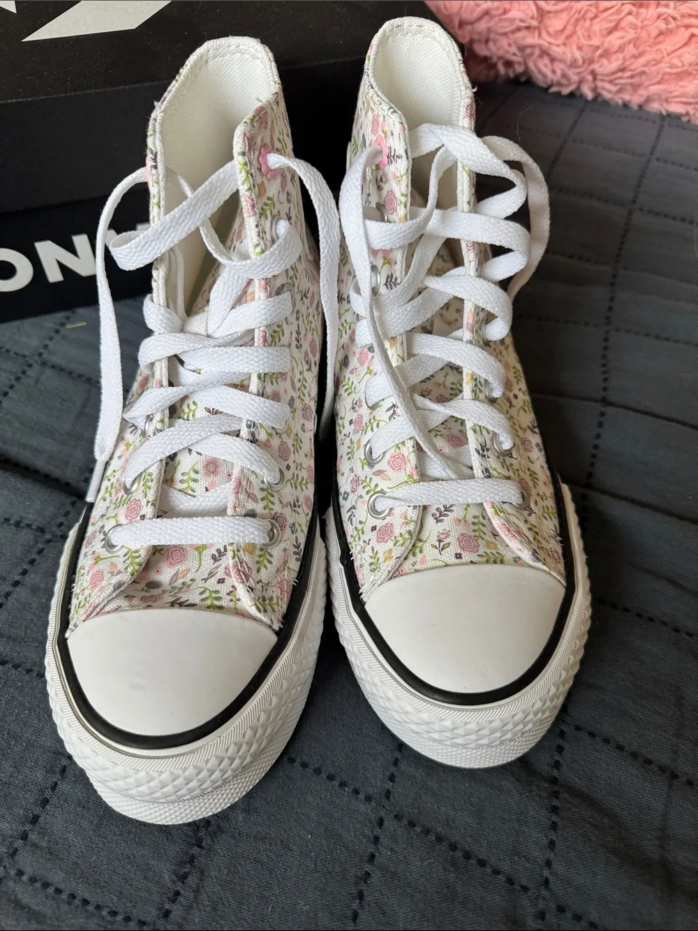 Girls Converse High-Top Floral Canvas Sneakers - White with Pink & Green Accents